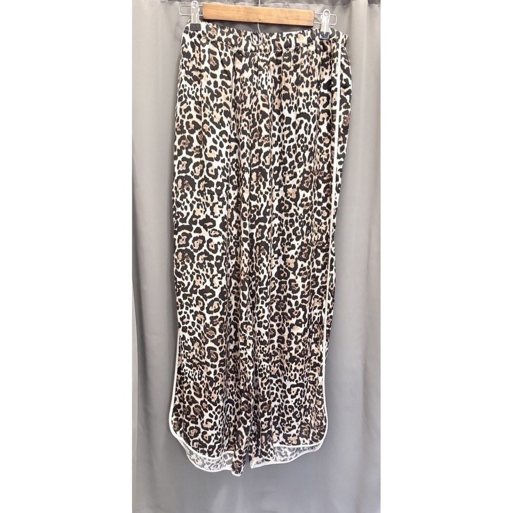Aerie Off-Duty Leopard Print Satin Piping Wide Leg Trouser PJ Pants Sz L